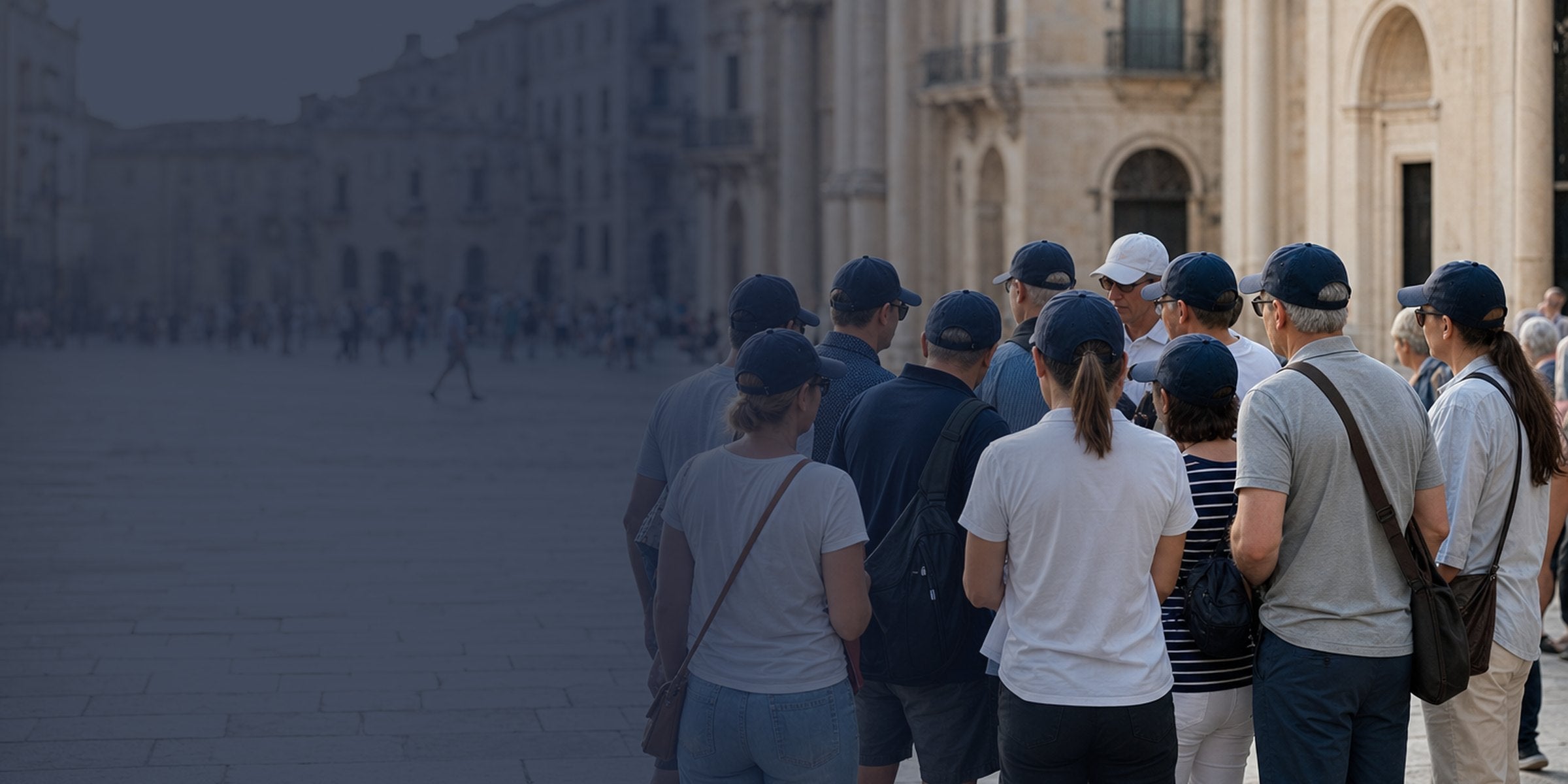 Gruppo di persone con cappellini bianchi e blu uguali in una piazza affollata